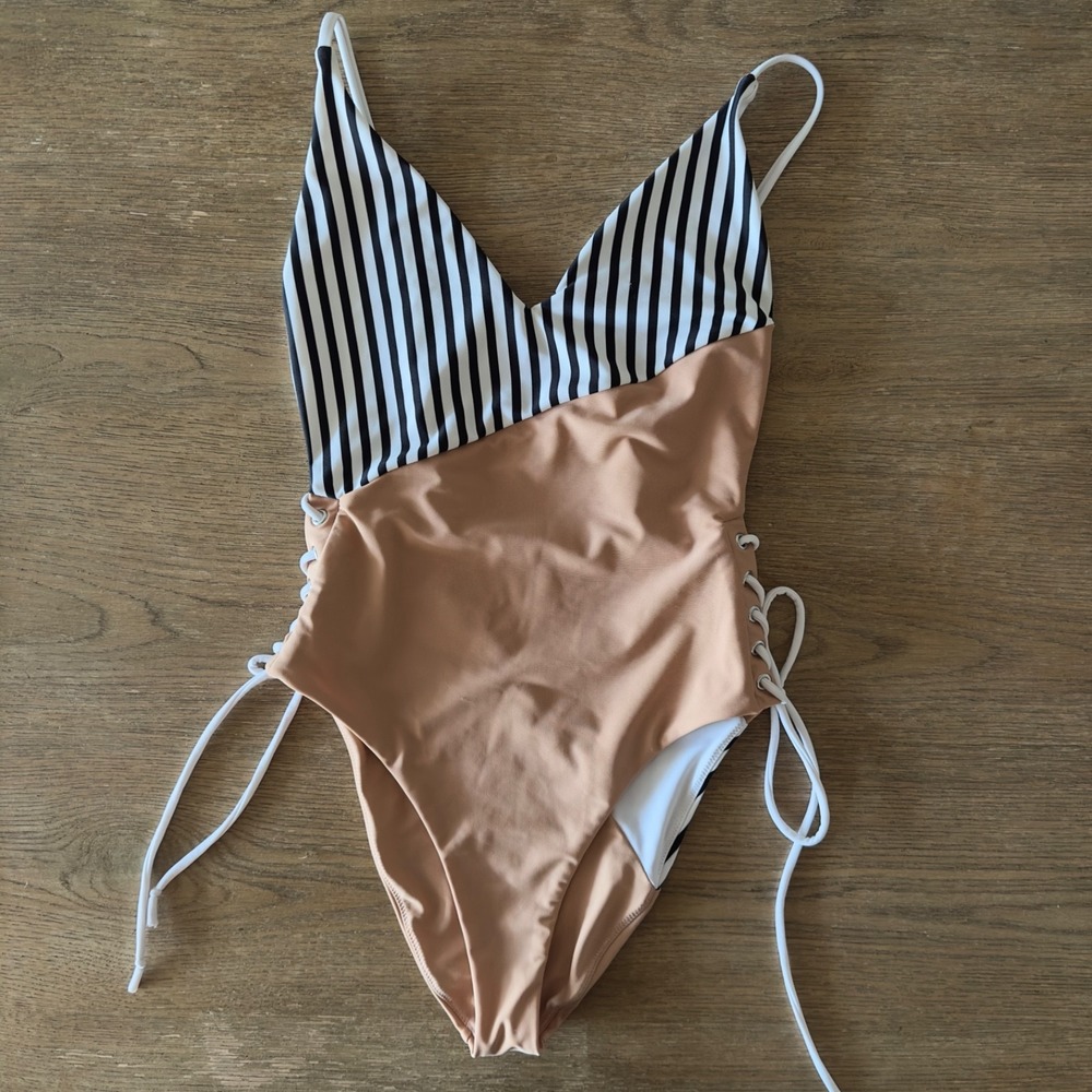 Lovers & Friends Violet Lace Up One‎ Piece Swimsuit-Nude & Stripes Color-Size Sm